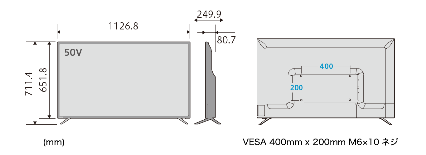 図:PIX-50VM100-BZ1の外形寸法と壁掛けネジ穴位置
