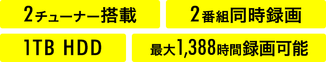 2チューナー搭載 2番組同時録画 1TB HDD 最大1,388時間録画可能