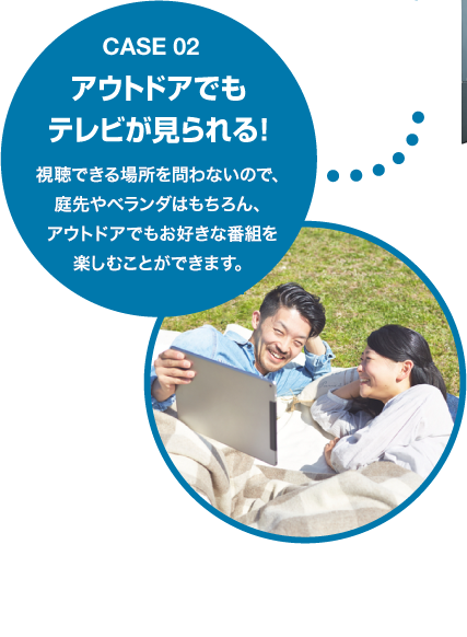 Case02 アウトドアでもテレビが見られる!視聴できる場所を問わないので、庭先やベランダはもちろん、アウトドアでもお好きな番組を楽しむことができます。