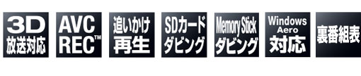 3D放送対応/AVCREC™/追いかけ再生/SDカードダビング/Memory Stickダビング/Windows Aero対応/裏番組表 3D放送対応/AVCREC™/追いかけ再生/SDカードダビング/Memory Stickダビング/Windows Aero対応/裏番組表