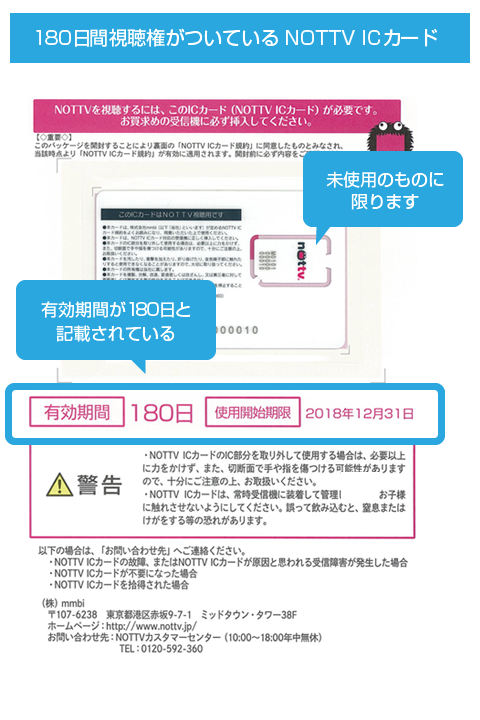 180日間視聴権がついている NOTTV ICカード画像（未使用かつ有効期限が180日と記載されているものは対象です）